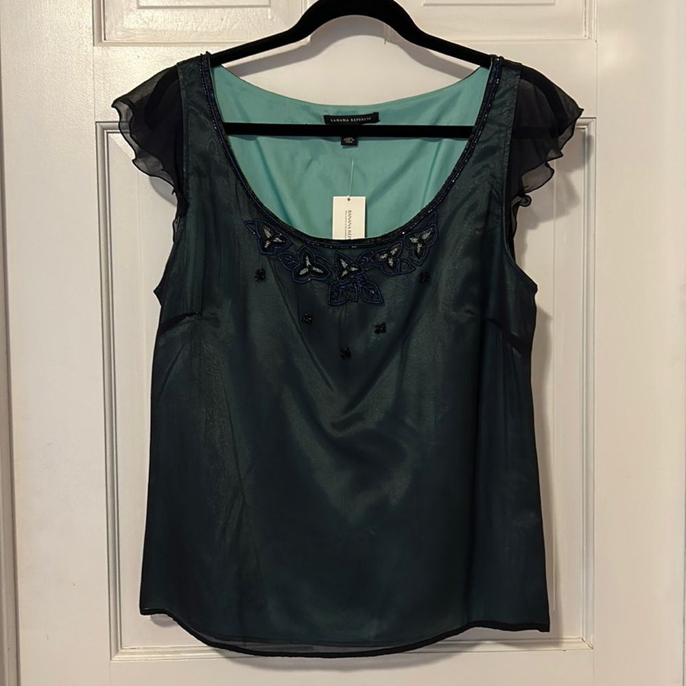 NWT Women's Banana Republic Navy Blue and Green Shell Tank Top Sleeveless